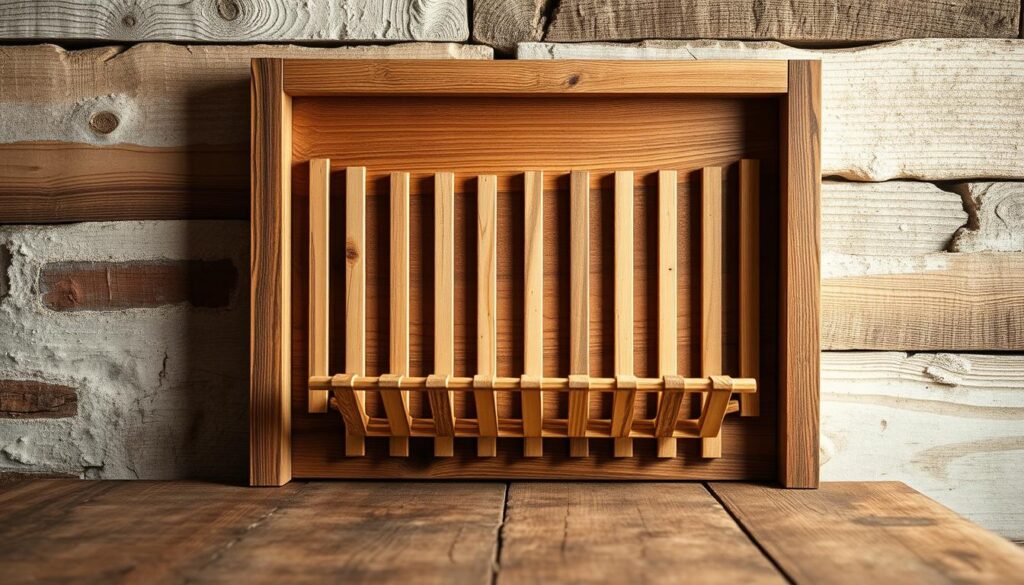 A rustic, wooden-framed wall-mounted magazine rack, positioned against a natural, textured backdrop. The foreground features a weathered, distressed wooden surface, with visible knots and grain patterns, creating a warm, earthy tone. The middle ground showcases the magazine rack's sturdy, hand-crafted construction, using robust, unfinished wooden slats to hold the magazines in place. In the background, a neutral, muted color palette, with hints of natural elements like exposed brick, rough-hewn wooden planks, or woven textiles, adds depth and character to the scene. Soft, diffused lighting casts gentle shadows, accentuating the rustic, artisanal quality of the design. The overall composition conveys a sense of simplicity, functionality, and a connection to nature, perfectly capturing the essence of the "rustic magazine rack" for the article's "Step 4: Adding the Backing" section.