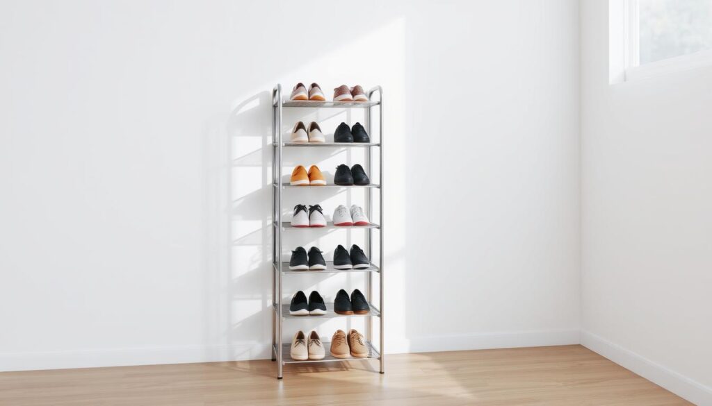 A simple, minimalist shoe rack standing against a plain white wall, illuminated by soft, diffused natural light filtering in through a nearby window. The rack features clean lines and a sleek, modern design, with several shelves to neatly organize shoes of various sizes. The overall composition showcases the functional yet visually appealing qualities of this compact storage solution, emphasizing its practical appeal for a variety of living spaces.