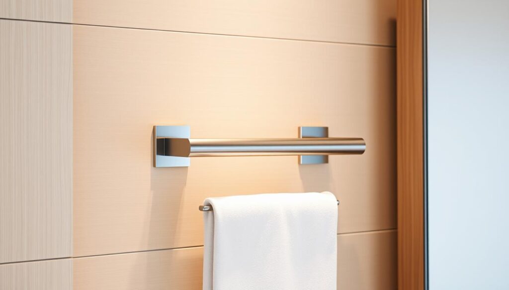 A sleek and modern towel holder design with clean lines and a minimalist aesthetic. The towel holder is mounted on the wall, featuring a brushed metal or polished chrome finish that gleams under the warm, diffused lighting. The design is centered in the frame, with a simple yet elegant silhouette that seamlessly integrates into the surrounding bathroom decor. The towel holder is positioned at a slight angle, creating an eye-catching display that also serves a practical purpose. The background showcases a neutral-toned, tiled wall or wooden paneling, allowing the towel holder to be the focal point of the image.