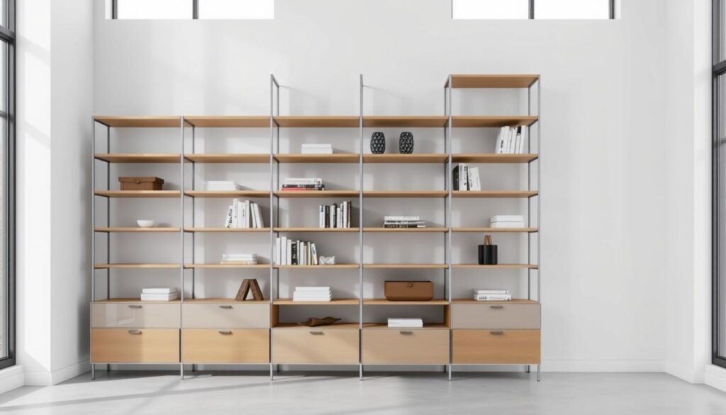 A sleek, contemporary modular storage unit stands in a minimalist, well-lit room. The unit features clean lines, a neutral color palette, and a modular design with adjustable shelves. The shelves are made of high-quality, smooth-finished wood and metal, providing ample storage space for books, decor, and other items. The unit is positioned against a white wall, allowing the natural light from large windows to illuminate the space. The overall aesthetic is modern, sophisticated, and functional, perfectly complementing the "Finishing the Bookshelf" section of the article.