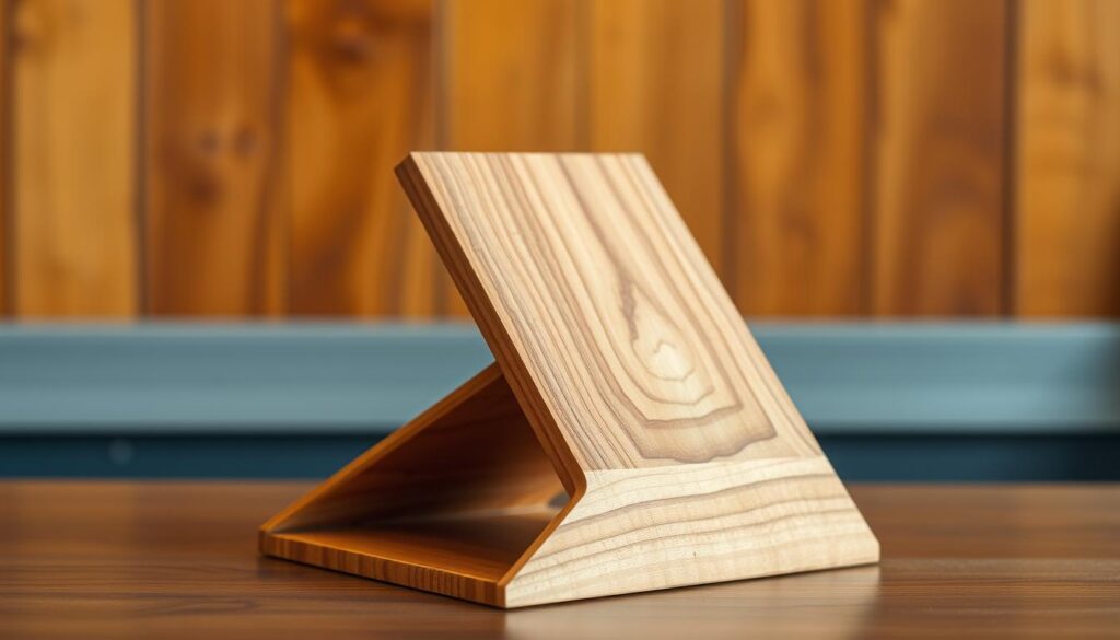 A sleek, custom-made wooden book stand set against a warm, natural backdrop. The stand features an elegant, angled design with clean lines and a smooth, polished surface. Warm, soft lighting from above illuminates the stand, casting gentle shadows and highlighting the natural grain of the wood. The stand is positioned at a comfortable angle, inviting the user to browse and display their favorite books with ease. The overall scene conveys a sense of simplicity, practicality, and refined personal style.