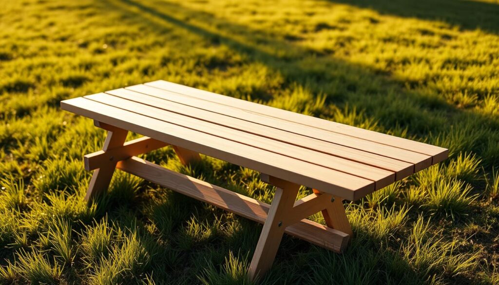 A sleek, foldable picnic table bench sitting on a lush, grassy meadow bathed in warm, golden sunlight. The bench's sturdy wooden frame and smooth, slatted surface gleam with a polished finish, showcasing its elegant, minimalist design. Intricate metal hinges and joints seamlessly connect the table and bench, allowing for easy, one-handed folding and unfolding. The bench's profile is captured at a low, three-quarter angle, highlighting the clever, functional folding mechanism. Soft shadows cast by the bench create depth and dimension, while the serene, countryside setting imbues the scene with a sense of tranquility and outdoor adventure.