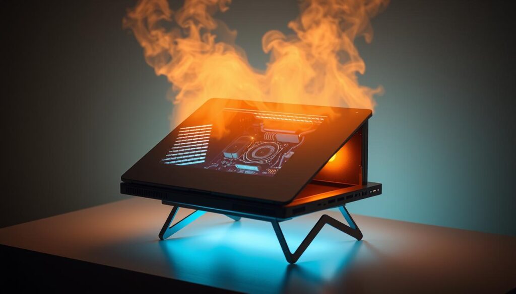 A sleek, modern laptop rests on a well-ventilated stand, its metal chassis emitting a soft glow as heat dissipates through strategically placed vents. Warm air wisps upwards, creating a subtle atmospheric haze that highlights the intricate internal components visible through the translucent enclosure. The scene is bathed in a combination of soft, directional lighting and ambient illumination, creating depth and emphasizing the laptop's thermal dynamics. The overall mood is one of functional elegance, showcasing the careful engineering and design principles that enable effective heat management in a compact, portable device.