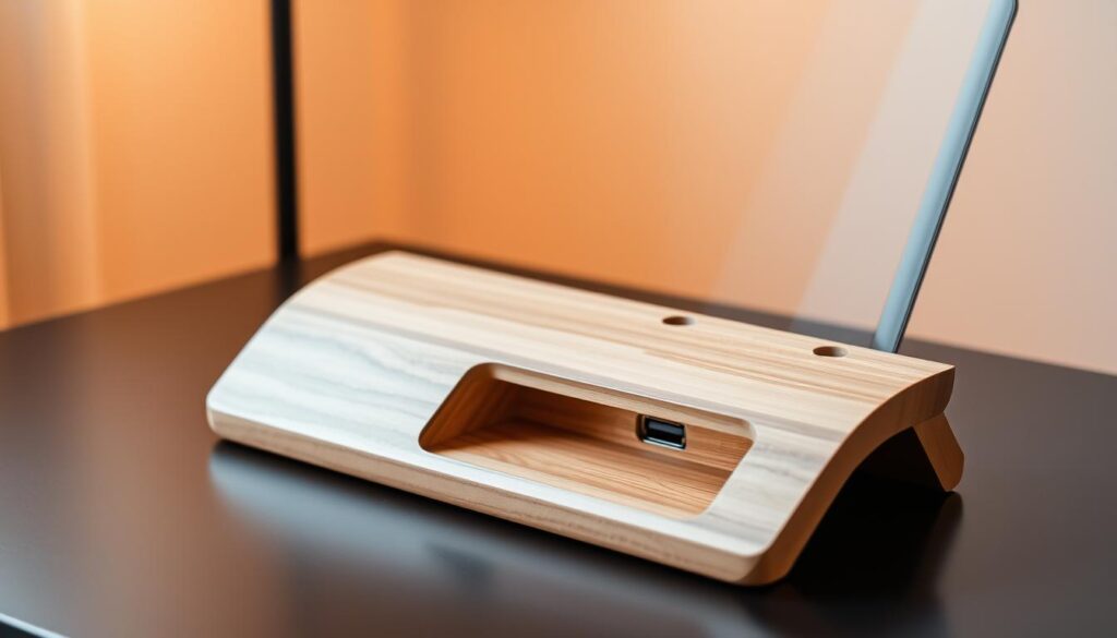 A sleek, modern laptop stand crafted from smooth, natural wood, featuring a cleverly integrated storage compartment and a discrete USB hub. Bathed in warm, indirect lighting, the stand's clean, minimalist design complements the laptop's sleek lines. The middle-ground showcases the carefully engineered compartment, hinting at the hidden functionality within. The background subtly fades to a softly blurred, neutral tone, allowing the stand's elegant form to take center stage. This multipurpose accessory seamlessly blends utility and aesthetic, elevating the laptop experience with its thoughtful, versatile design.