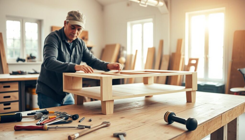 A spacious, well-lit workshop with a sturdy wooden workbench in the foreground. An array of tools including a screwdriver, wrench, and hammer neatly organized on the bench. In the middle ground, a partially assembled coffee table with clean, modern lines, its pieces meticulously laid out. A focused, determined expression on the face of the person assembling the furniture, their hands skillfully manipulating the parts. Warm, natural lighting filters through large windows, casting a soft glow over the scene. The atmosphere exudes a sense of productivity, problem-solving, and the satisfaction of creating something with one's own hands.