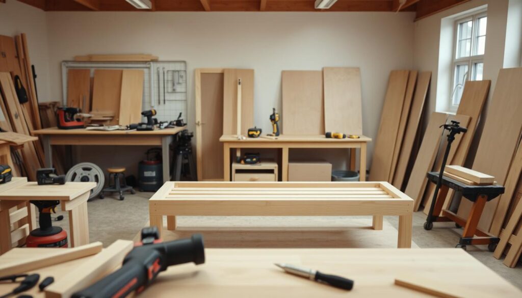 A step-by-step construction of an L-shaped wooden bench. The camera captures the process from a slightly elevated angle, providing a clear view of the various stages. In the foreground, woodworking tools and materials are neatly organized, ready for use. The middle ground showcases the assembly of the bench frame, with precise joints and careful attention to detail. In the background, a well-lit workshop setting with neutral tones provides a clean, professional backdrop. The overall mood is one of focus, productivity, and attention to craftsmanship, reflecting the step-by-step nature of the construction process.