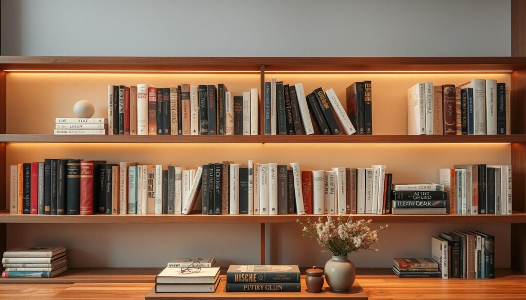 A stylish book display featuring a carefully curated selection of hardcover and paperback volumes arranged on a modern, minimalist shelving unit. The lighting is warm and gentle, creating a cozy, inviting atmosphere. The books are positioned at various angles, creating visual interest and depth. The shelves are made of sleek, high-quality wood, complemented by subtle metallic accents. In the foreground, a few carefully placed decorative objects, such as a small potted plant or a decorative vase, add a touch of personalization. The overall composition is balanced, harmonious, and designed to showcase the books in an elegant, magazine-worthy manner.