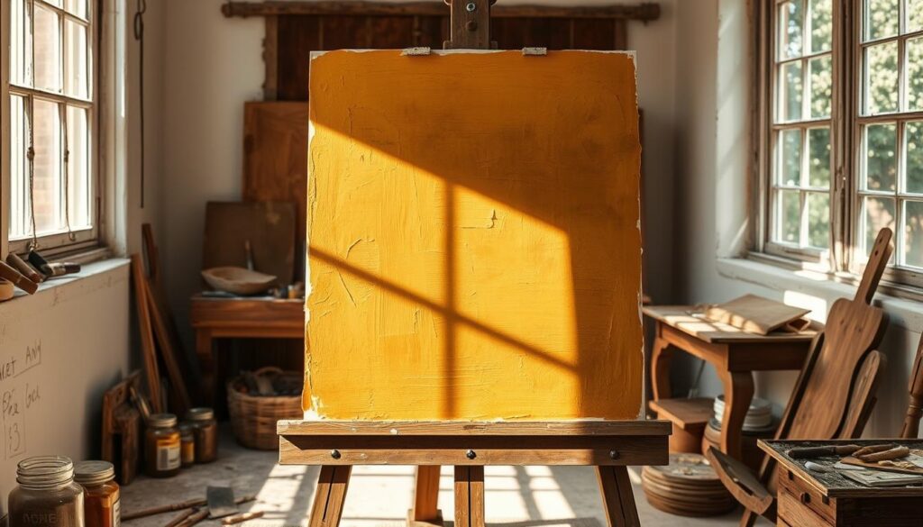 A weathered wooden easel stands in a sun-dappled studio, its surface a canvas for exploring rustic painting techniques. Thick brushstrokes of earthy pigments - ochre, sienna, umber - build up layers of texture, mimicking the worn, time-honored approach of classic landscapes. Natural light filters in through a large window, casting warm, golden hues that accentuate the organic, handcrafted feel. Scattered jars of pigments, worn brushes, and a well-used palette knife hint at the creative process, while the unfinished painting on the easel invites the viewer to imagine the final, authentically rustic result.