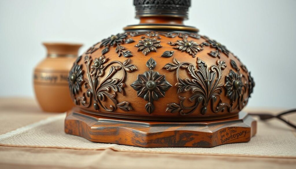 A well-crafted decorative lamp with a wooden base, showcasing a variety of intricate finishes. The lamp's surface is adorned with delicate patterns, textures, and embellishments that create a visually striking and harmonious design. The foreground highlights the curated details, such as hand-carved designs, intricate metal accents, and a subtle play of light and shadow. The middle ground features the warm wooden base, expertly stained and finished to complement the decorative elements. The background suggests a cozy, inviting ambiance, with soft lighting and muted tones that enhance the overall aesthetic. The composition conveys a sense of artistry, craftsmanship, and attention to detail, perfectly suited for the "Finishing Touches and Decoration" section of the article.