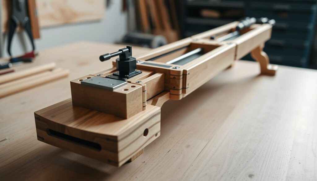 A well-crafted, professional-looking porta-canetas assembly on a clean, well-lit workbench. Close-up view, soft directional lighting from the side, capturing the intricate details and high-quality finish. The porta-canetas components are neatly arranged, expertly fitted together with precision. Smooth, seamless transitions between the parts, polished surfaces, and a sense of careful craftsmanship. The overall composition highlights the final result, showcasing the porta-canetas in its completed state, ready for display or use.
