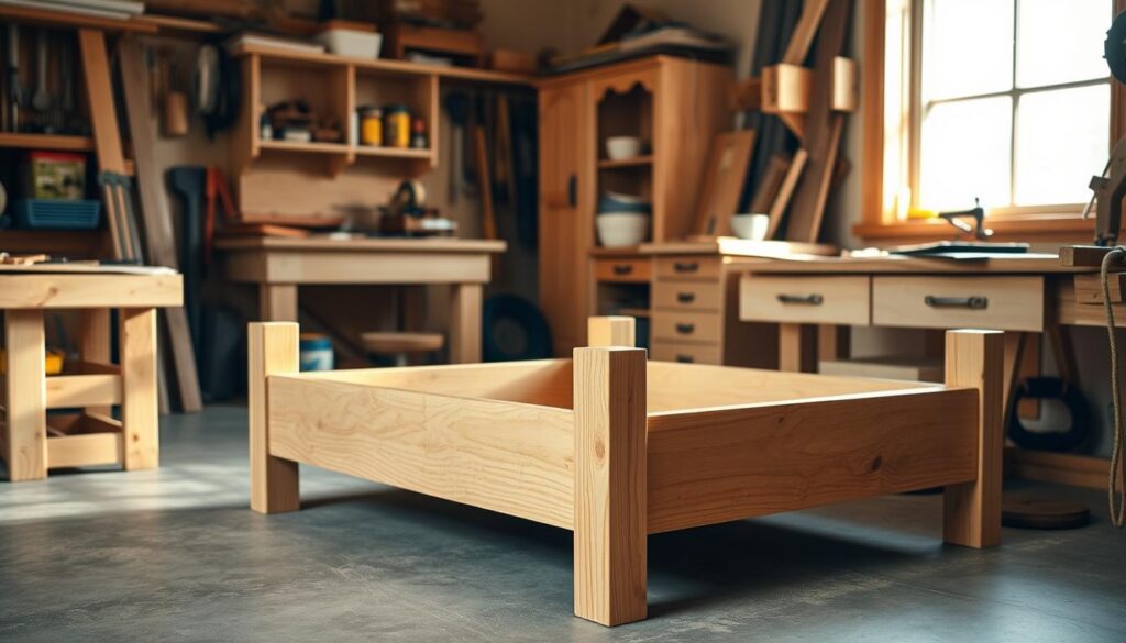 A well-crafted, wooden pet bed frame standing in a cozy, sunlit workshop. The frame's sturdy construction is visible, with smooth, sanded edges and precise joinery. Warm, diffused lighting from a window casts a soft glow, highlighting the natural wood grain. The frame is positioned in the foreground, allowing the viewer to appreciate the craftsmanship and attention to detail. The middle ground features a variety of woodworking tools and supplies, suggesting the step-by-step process of building the frame. The background showcases a tidy, organized workspace, with shelves, cabinets, and other workshop elements, creating a harmonious and inviting atmosphere.