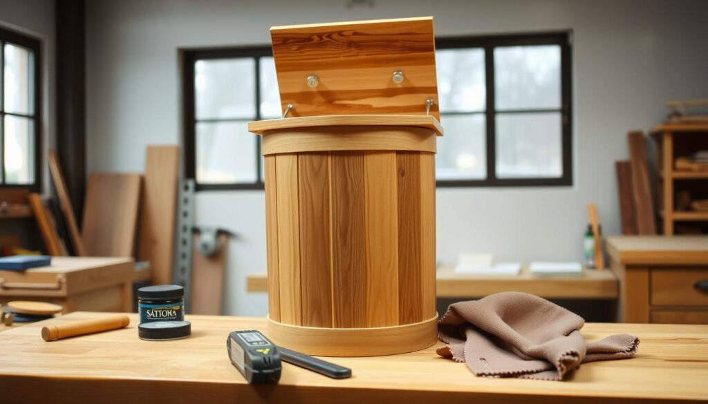 A well-crafted wooden trash can with a hinged lid stands in a well-lit workshop, its natural grain and smooth finish catching the soft, diffused light from large windows. On the workbench in the foreground, an assortment of tools and finishing supplies - sandpaper, wood stain, a clean rag - suggest the final touch-ups being made to this handsome, functional piece. The background is clean and uncluttered, allowing the craftsmanship of the trash can to be the focus, conveying a sense of pride and care in its creation.