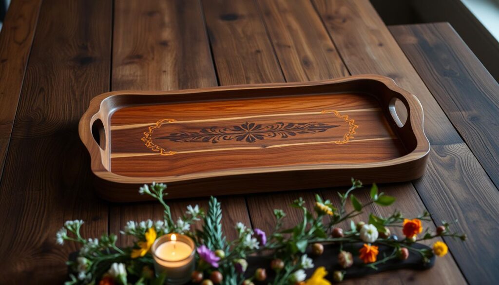 A well-crafted wooden tray sits upon a rustic wooden table, its surface adorned with intricate hand-painted designs in warm hues of amber and ochre. The tray's edges are gently curved, lending an elegant, artisanal touch. Soft, diffused lighting from above casts a cozy glow, highlighting the natural grain and texture of the wood. In the foreground, an assortment of decorative elements, such as sprigs of greenery, scattered flowers, and perhaps a small votive candle, add a touch of personalization and charm. The overall scene conveys a sense of thoughtful, handmade craftsmanship, inviting the viewer to imagine this tray as the centerpiece of a cozy, inviting breakfast nook.