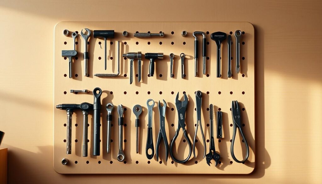 A well-designed magnetic tool board with a variety of metal tools neatly arranged on a minimalist, light-colored wooden surface. The tools are positioned in an organized grid layout, casting subtle shadows that add depth and dimension to the composition. Warm, natural lighting from an overhead source gently illuminates the scene, creating a clean and professional atmosphere. The board is captured from a slightly elevated angle, showcasing the elegant simplicity of the design and the thoughtful placement of the tools.