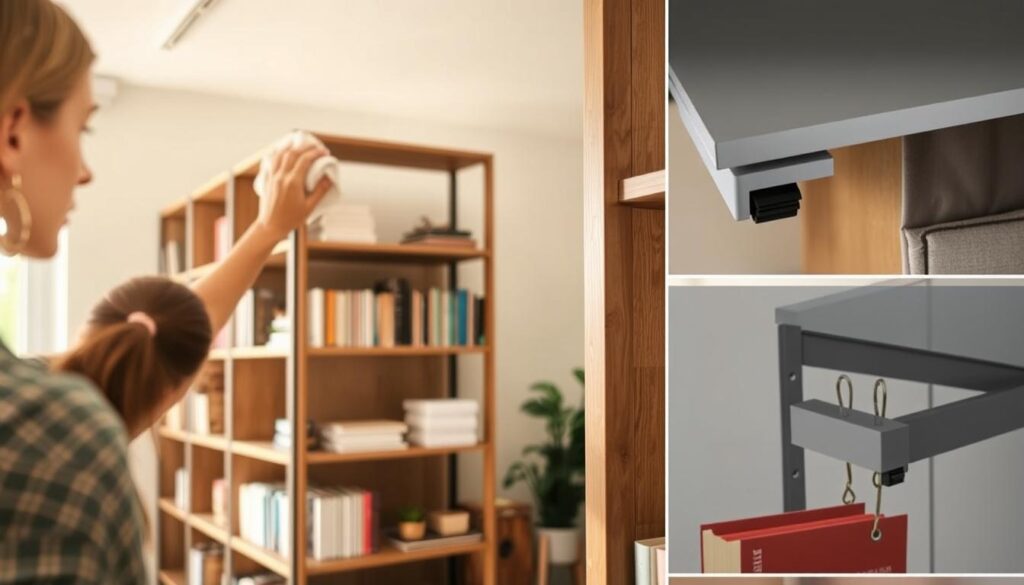 A well-lit, airy room with a modular bookshelf showcasing various maintenance techniques. The foreground features a person carefully dusting the shelves with a soft cloth, their face in focus. The middle ground displays the bookshelf in profile, with its adjustable brackets and sturdy construction highlighted. The background subtly suggests a cozy, organized home office, with potted plants and a warm, natural lighting setting the atmosphere. The overall scene conveys a sense of tranquility and practical expertise in maintaining a modular bookshelf.