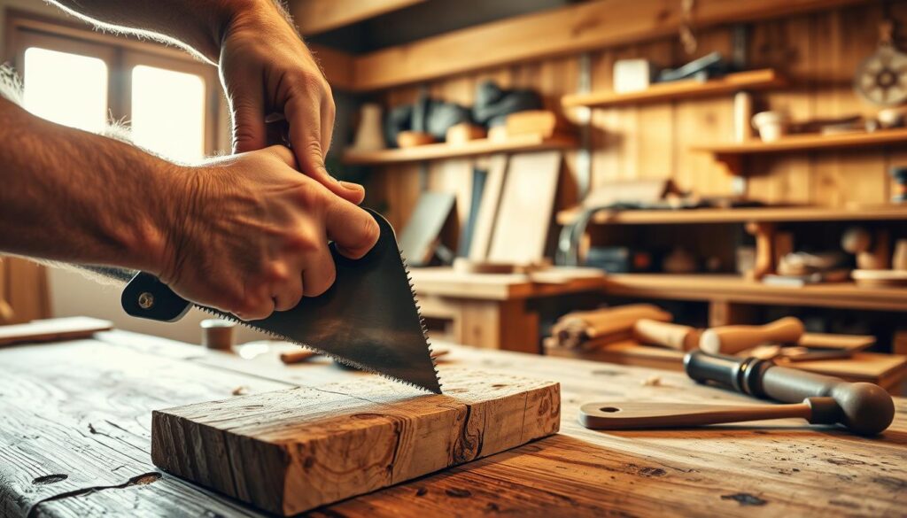 A well-lit and detailed scene of a person carefully cutting wood with a handsaw for a rustic towel rack. The foreground shows strong hands gripping the wood, the saw blade slicing cleanly through the weathered grain. In the middle ground, an array of woodworking tools - chisels, sanders, and a hammer - are neatly arranged on a workbench. The background depicts a cozy, light-filled workshop, with wooden beams and shelves hinting at the craftsmanship to come. Warm, natural lighting casts a soft glow, emphasizing the textures of the wood and the focused intensity of the worker. An atmosphere of skilled, methodical creation pervades the scene.