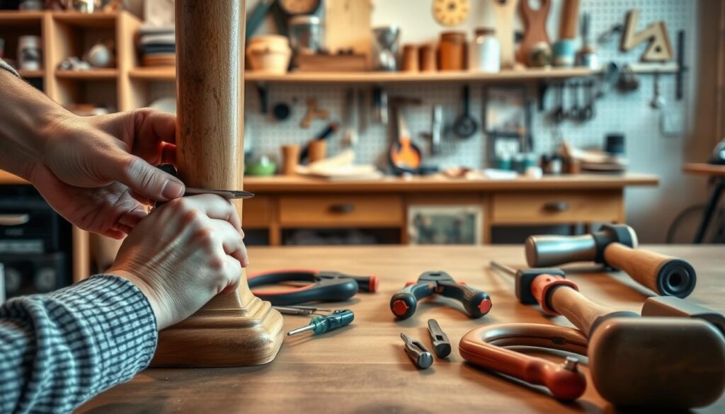 A well-lit and high-resolution image of a troubleshooting scene for common issues with tables. In the foreground, a person's hands are shown examining a table leg, assessing the problem. In the middle ground, various tools such as a screwdriver, pliers, and a hammer are neatly arranged on a surface, ready to be used. The background depicts a cozy, homely workshop setting with wooden shelves, a pegboard, and other DIY items, creating a warm and inviting atmosphere. The image conveys a sense of problem-solving and DIY skills, perfectly fitting the section title "Troubleshooting Common Issues".