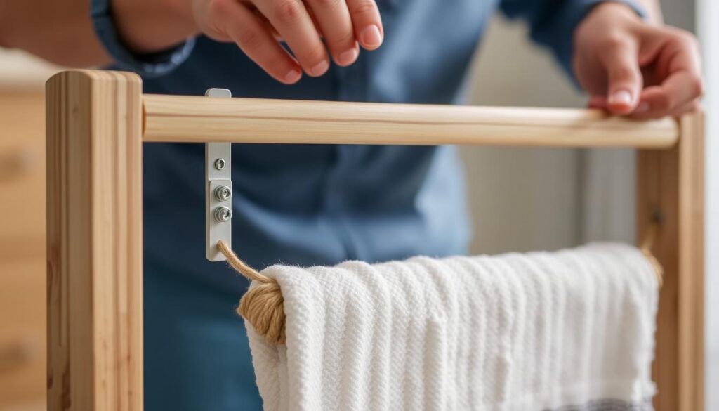 A well-lit, close-up view of a person's hands carefully assembling a wooden and sisal towel rack. The foreground shows the individual components - the wooden frame, the sisal rope, and the mounting hardware - being carefully fitted together. The middle ground reveals the gradual construction process, with the person's hands precisely aligning and securing each piece. The background is blurred, keeping the focus on the intricate assembly work. The overall mood is one of calm concentration and attention to detail, reflecting the step-by-step process described in the article.