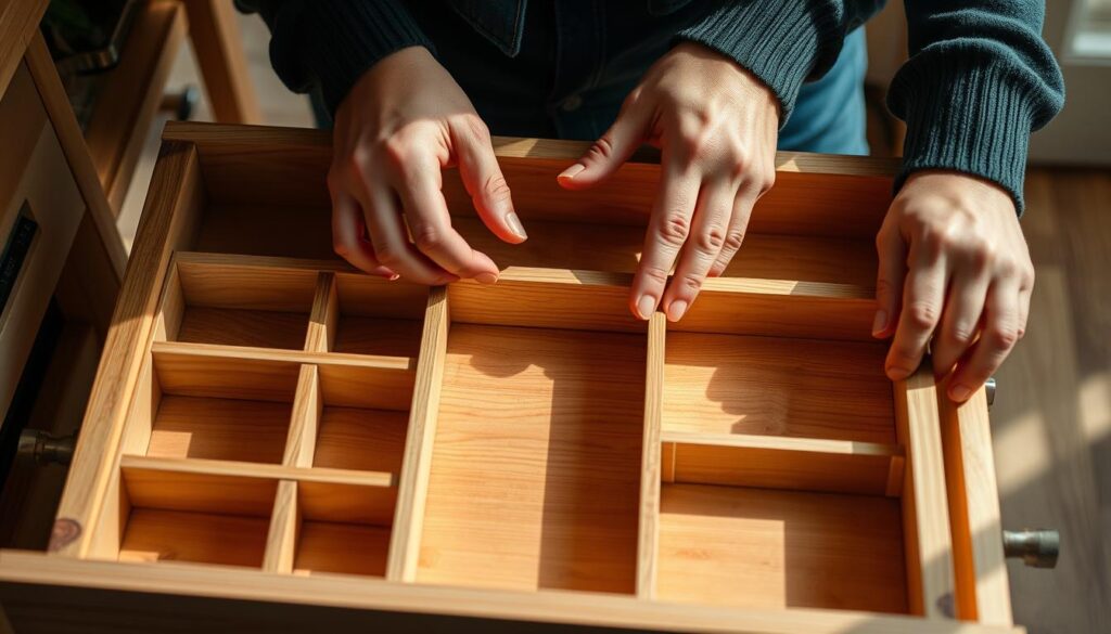 A well-lit, close-up view of a person's hands carefully customizing a wooden drawer organizer. The organizer features various compartments and dividers, allowing for a highly personalized storage solution. The hands are meticulously measuring, cutting, and sanding the wood to achieve a precise, seamless fit. The lighting casts soft shadows, accentuating the texture of the natural wood grain. The overall mood is one of focused attention and attention to detail, reflecting the care and thoughtfulness put into the customization process.