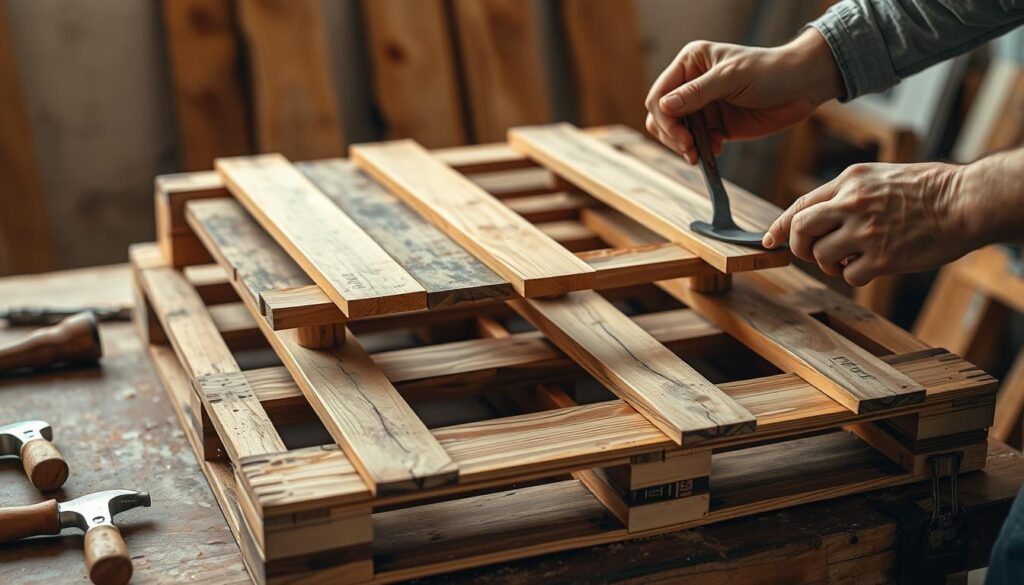 A well-lit, close-up view of a wooden pallet being carefully disassembled. The pallet is positioned on a sturdy workbench, with various hand tools like a hammer, chisel, and pry bar visible nearby. The foreground shows the skilled hands of a carpenter methodically removing the wooden slats and cross-members, revealing the underlying frame structure. In the middle ground, the partially deconstructed pallet is bathed in warm, diffused lighting, highlighting the natural grain and texture of the weathered wood. The background is softly blurred, creating a focus on the intricate process of pallet preparation. An atmosphere of precision, concentration, and craftsmanship pervades the scene.