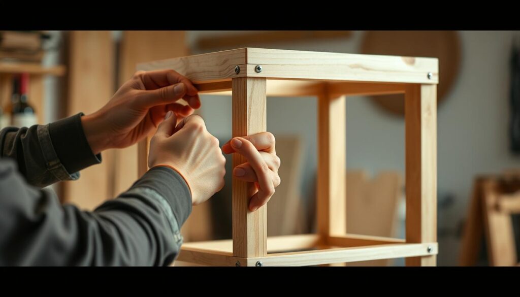 A well-lit, detailed close-up shot of a wine rack frame being assembled step-by-step. The foreground shows skilled hands carefully connecting the wooden pieces together with screws and tools, demonstrating the process. The middle ground highlights the elegant, minimalist design of the corner wine rack, with clean lines and a natural wood finish. The background is blurred, placing the focus on the intricate assembly work. Warm, directional lighting casts subtle shadows, enhancing the tactile, workshop atmosphere. Captured with a crisp, high-resolution lens for maximum clarity and detail.