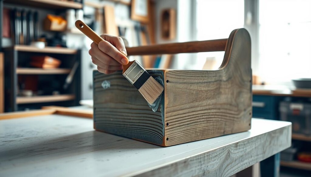 A well-lit, detailed close-up view of a person's hands carefully painting the exterior of a wooden toolbox with a brush. The toolbox is resting on a clean, organized workbench in a bright, airy workshop. The paint strokes are precise and even, with a glossy finish emerging. The background is slightly blurred, but hints at various workshop tools and materials, creating a sense of purpose and productivity. The overall mood is one of focused, deliberate effort to transform a utilitarian object into a personalized, custom piece.