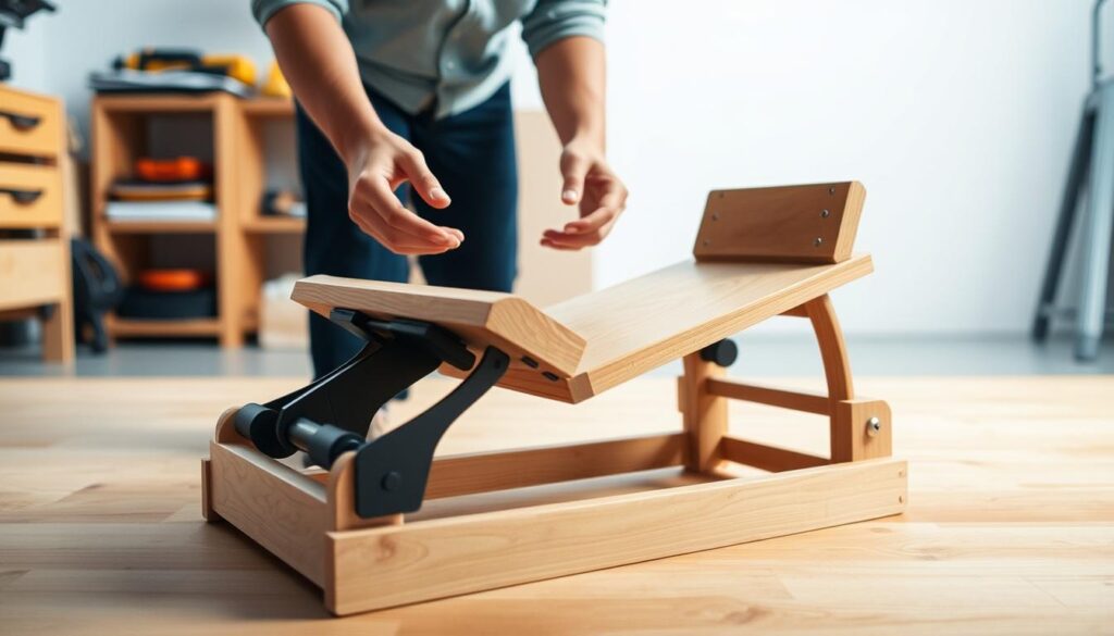 A well-lit, detailed instructional scene showcasing the step-by-step process of constructing an adjustable footrest. The foreground features a partially assembled footrest, with its key components like the adjustable incline mechanism and sturdy wooden base visible. The middle ground shows a person's hands demonstrating the adjustment of the footrest's angle. The background depicts a clean, minimalist workshop space with shelves of tools, providing a sense of context. The overall mood is informative and practical, with soft, directional lighting that highlights the product's construction. The camera angle is positioned at a slightly elevated, three-quarter view to clearly illustrate the footrest's adjustable functionality.