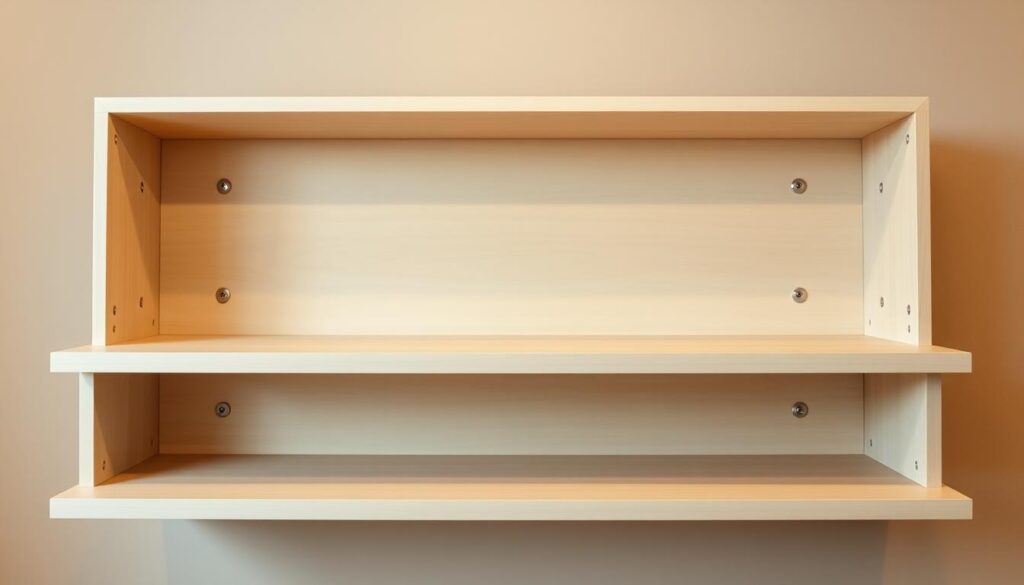 A well-lit, high-angle shot of a freshly finished MDF TV rack, its smooth, clean surfaces gleaming with a subtle satin sheen. The foreground shows the neatly installed shelves, adorned with meticulously placed cable management grommets. In the middle ground, the seamless, minimalist design of the floating frame takes center stage, its crisp edges and precise joints hinting at the careful craftsmanship involved. The background softly fades into a neutral, warm-toned backdrop, allowing the MDF's natural wood grain and the overall elegant simplicity of the piece to be the true focal point. The lighting creates a sense of depth and highlights the rack's subtle textures, giving it a polished, professional appearance.