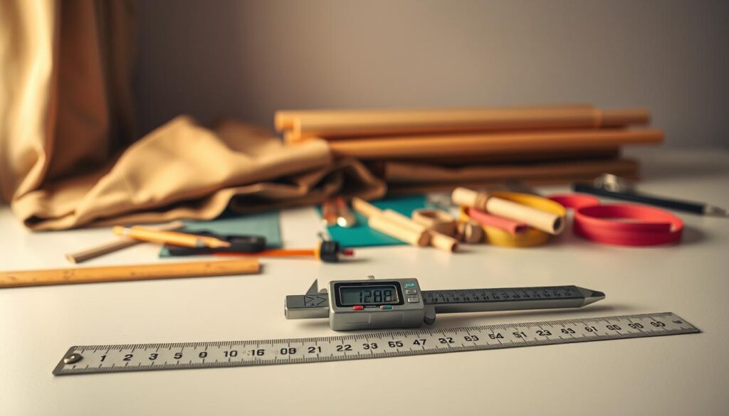 A well-lit, meticulously composed photograph showcasing accurate DIY measurement tools and materials. The foreground features a variety of precisely calibrated rulers, tape measures, and a digital caliper laid out on a clean, neutral surface. The middle ground displays fabric samples, wooden dowels, and other DIY components to be measured. The background is softly blurred, emphasizing the technical focus. Warm, directional lighting casts subtle shadows, highlighting the textures and details. The overall mood is one of organized professionalism, conveying a sense of careful preparation for a DIY project.