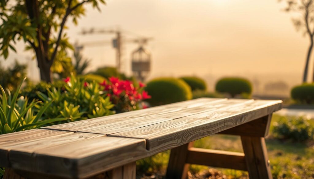 A well-lit outdoor bench situated in a serene garden. The bench is made of weathered wood, with a smooth surface and sturdy construction. The foreground shows the bench in detail, showcasing its waterproofed finish, which gleams under the soft, natural lighting. The middle ground features lush greenery, such as vibrant plants and well-manicured shrubs, creating a tranquil, organic backdrop. The background gradually fades into a hazy, atmospheric landscape, with a warm, golden hue reflecting the time of day. The overall scene conveys a sense of relaxation and comfort, inviting the viewer to imagine enjoying this peaceful outdoor space.