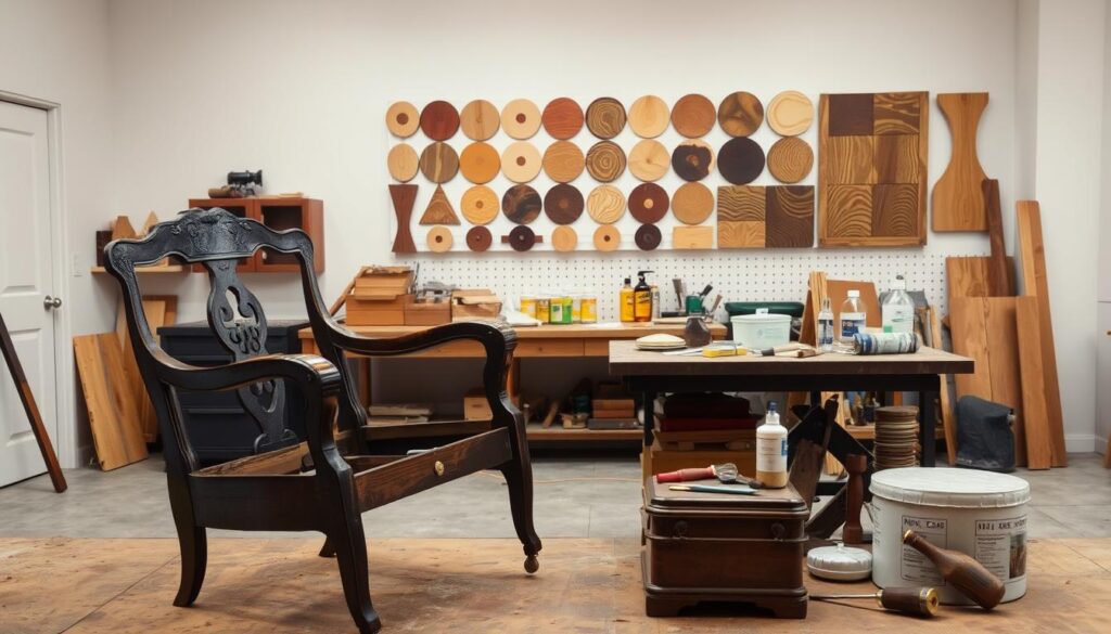 A well-lit, spacious workshop setting with a focus on various furniture restoration tools and materials. In the foreground, a carefully disassembled antique chair, its joints and mechanisms exposed, showcasing the intricate maintenance techniques required for its preservation. In the middle ground, a selection of polishes, oils, and solvents arranged neatly on a workbench, along with a set of precision hand tools. The background features a wall-mounted display of different wood species and their unique grains, hinting at the importance of understanding material properties for effective furniture care. Soft, warm lighting sets an atmosphere of diligence and craftsmanship, emphasizing the dedication needed to ensure the longevity of cherished furniture pieces.