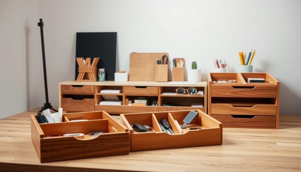 A well-lit studio scene showcasing creative uses for wooden drawer organizers. The organizers are positioned in the foreground, arranged in a visually appealing manner, showcasing their versatility. In the middle ground, various household items and office supplies are neatly organized within the organizers, demonstrating their practical applications. The background features a simple, minimalist backdrop, allowing the organizers to take center stage. The lighting is soft and natural, highlighting the warm tones of the wood and the clean, modern design of the organizers. The camera angle is slightly elevated, providing a clear and unobstructed view of the scene. The overall mood is one of efficiency, organization, and the beauty of functional design.