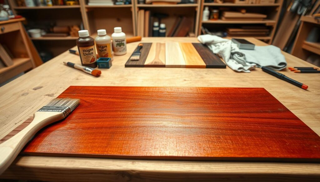 A well-lit wood workshop with a variety of stains, brushes, and rags laid out on a sturdy wooden workbench. In the foreground, a freshly sanded wooden plank is being carefully brushed with a rich, mahogany-colored stain, the grain visible beneath the shimmering finish. In the middle ground, various wood samples in different stages of the staining process, ranging from light to dark tones, provide inspiration for the final mini bar aesthetic. The background features shelves of finishing supplies, creating a sense of depth and the tools of the trade. The overall mood is one of focused craftsmanship, with a warm, inviting atmosphere perfect for the "Finishing Touches: Staining and Sealing" section of the article.