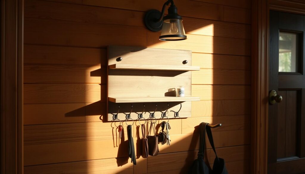 A well-lit wooden entryway with a rustic, distressed key holder mounted on the wall. The holder features several hooks, a small decorative shelf, and a cozy light fixture above. Soft natural lighting casts warm shadows, highlighting the textured grain of the wood. The arrangement creates an inviting, organized space to neatly store and display keys, small trinkets, or other everyday items. The overall design blends functionality with a charming, homey aesthetic that complements the entryway's decor.