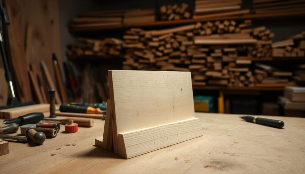 A well-lit woodworking workshop, with an assortment of hand tools neatly arranged on a workbench. In the foreground, a block of smooth, sanded wood sits, ready to be transformed into a sturdy laptop stand. The grain of the wood is visible, hinting at the natural beauty that will be accentuated through the crafting process. Focused lighting casts dramatic shadows, emphasizing the textures and contours of the materials. In the background, shelves display a variety of lumber, suggesting a wealth of potential for the project at hand. The overall atmosphere conveys a sense of focused, methodical preparation, hinting at the satisfying creation to come.