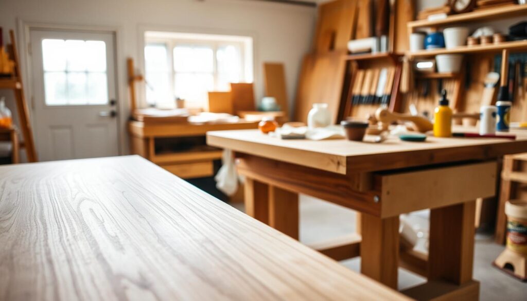 A well-lit workshop interior, showcasing various woodworking finishing techniques. In the foreground, a sanded and polished wooden surface reflects the soft light, highlighting the grain. In the middle ground, delicate hand-brushed stains create a warm, natural hue. In the background, a selection of finishing tools - brushes, rags, and polishing compounds - are neatly organized on a sturdy workbench. The overall atmosphere is one of artisanal craftsmanship, inviting the viewer to imagine the care and attention to detail that goes into creating a truly exceptional piece of furniture.