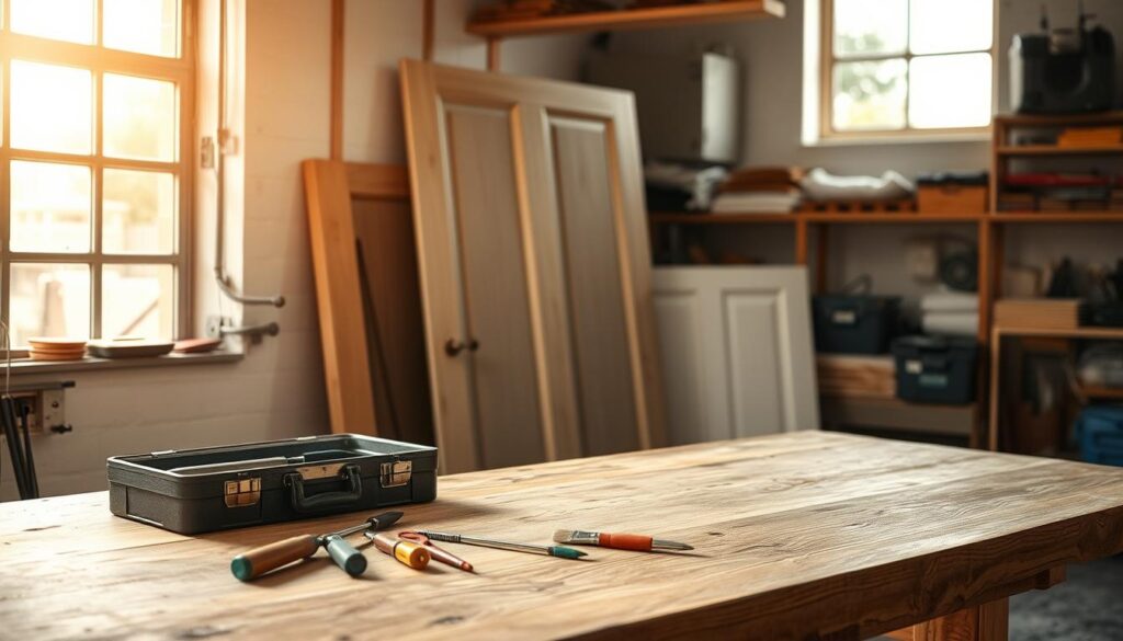 A well-lit workshop interior with a sturdy wooden workbench in the foreground. On the workbench, an open toolbox and various maintenance tools are neatly arranged, including a screwdriver, pliers, and a paintbrush. In the middle ground, a large panel door leans against the wall, its surface slightly weathered. Sunlight streams in through a window, casting a warm glow over the scene. The background features shelves stocked with spare parts and materials, hinting at the care and attention required to maintain the panel. The overall tone is one of diligence, precision, and a commitment to ensuring the panel's durability and longevity.