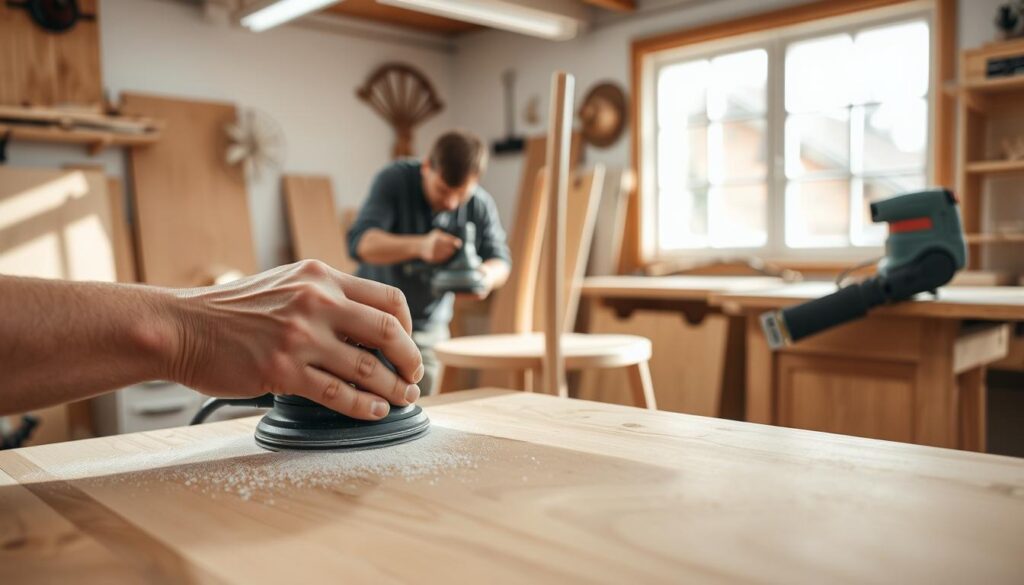 A well-lit workshop interior with a variety of sanding tools and techniques on display. In the foreground, a hand-sanding a wooden tabletop with fine-grit sandpaper, creating a smooth, even finish. In the middle ground, an orbital sander is being used on the leg of a wooden chair, removing imperfections. In the background, a belt sander is shown sanding the curved surface of a cabinet door, ensuring a consistent finish. The lighting is bright and natural, casting shadows that highlight the textures and processes. The atmosphere is one of focus and craftsmanship, with a sense of care and attention to detail.