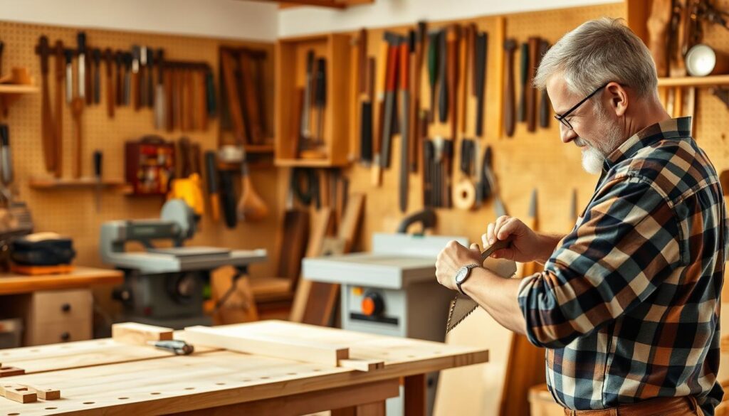A well-lit workshop interior with a variety of woodworking tools and techniques on display. In the foreground, a skilled carpenter demonstrates the use of a hand saw, their focused expression and careful movements capturing the precision required. In the middle ground, a bandsaw and router table stand ready, hinting at the power tools needed for larger-scale cutting. The background features a pegboard wall adorned with chisels, planes, and other essential carpentry implements, conveying the full breadth of wood cutting methods. Warm, natural lighting casts a soft glow, creating an atmosphere of expertise and craftsmanship.