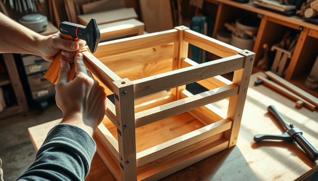 A well-lit workshop scene showcasing the assembly techniques for constructing a sturdy, stackable storage box. In the foreground, a pair of strong hands precisely aligns wooden joints, utilizing a variety of carpentry tools such as a hammer, chisel, and clamps. The middle ground features the partially assembled box frame, the grain of the wood and the intricate joinery clearly visible. In the background, a workbench with additional woodworking supplies sets the scene, suggesting a thoughtful, methodical approach to the project. Warm, natural lighting casts shadows that accentuate the textures and forms, creating a sense of depth and craftsmanship.