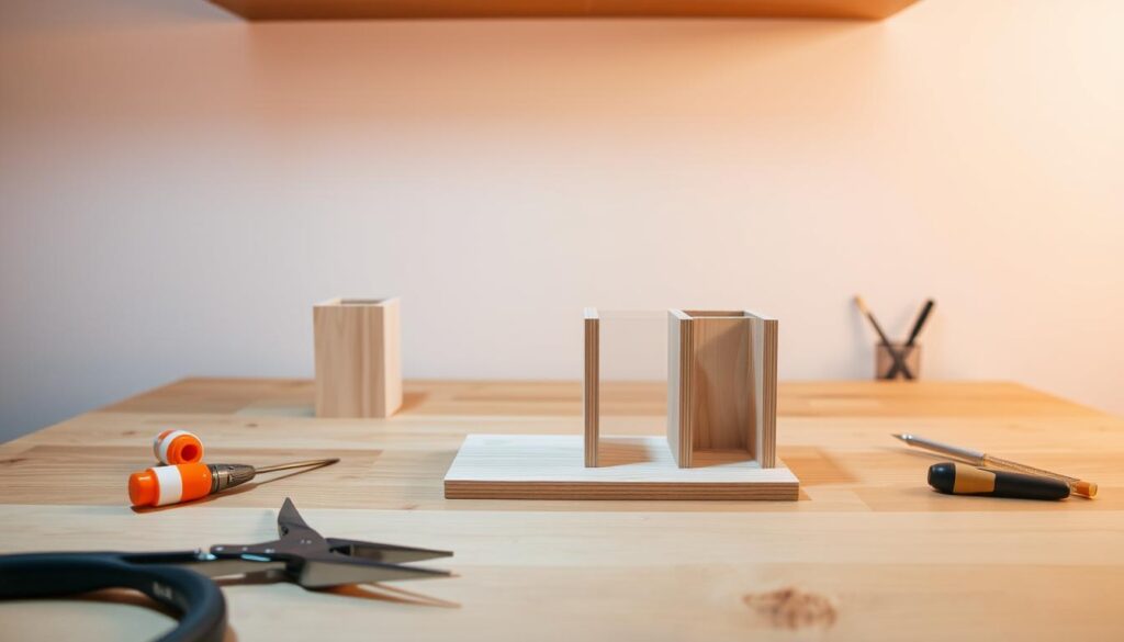 A well-lit workspace with a wooden desktop, showcasing the step-by-step assembly of a handcrafted pencil holder. In the foreground, a set of tools - pliers, screwdriver, glue - neatly arranged. In the middle ground, the individual components of the pencil holder - the base, the sides, and the partition - are laid out, ready to be assembled. The background features a clean, minimalist wall, providing a clean and uncluttered backdrop to highlight the DIY project. Soft, diffused lighting creates a warm, inviting atmosphere, guiding the viewer's attention to the detailed construction process.