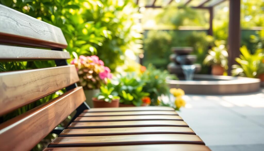 A well-maintained waterproof outdoor bench, its surface gleaming under the soft, diffused sunlight filtering through lush greenery. The bench's sturdy wooden slats, treated with a protective sealant, stand in contrast to the verdant foliage surrounding it. In the middle ground, a few vibrant potted plants add a touch of natural charm, while the background features a tranquil garden scene, complete with a subtle water feature gently cascading. The overall atmosphere conveys a sense of peaceful outdoor living, inviting one to pause, relax, and enjoy the meticulously cared-for space.
