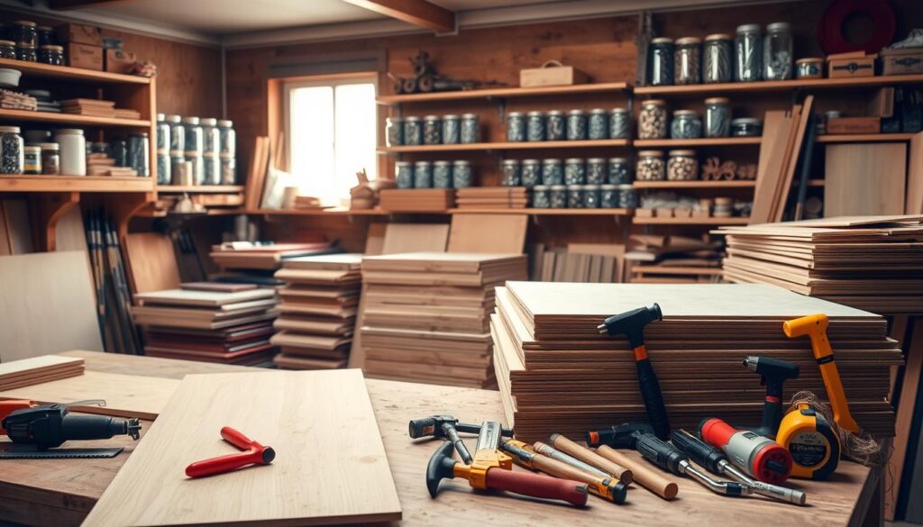 A well-organized DIY workshop, with various materials and tools neatly arranged on a wooden workbench. In the foreground, a collection of woodworking supplies - saws, hammers, screwdrivers, and measuring tapes - sit atop a tidy workstation. In the middle ground, stacks of plywood, MDF, and pine boards in different sizes stand ready for projects. The background showcases shelves filled with jars of nails, screws, and other hardware, bathed in the warm glow of natural light filtering through large windows. The overall scene conveys a sense of organization, preparation, and the excitement of embarking on a DIY endeavor.