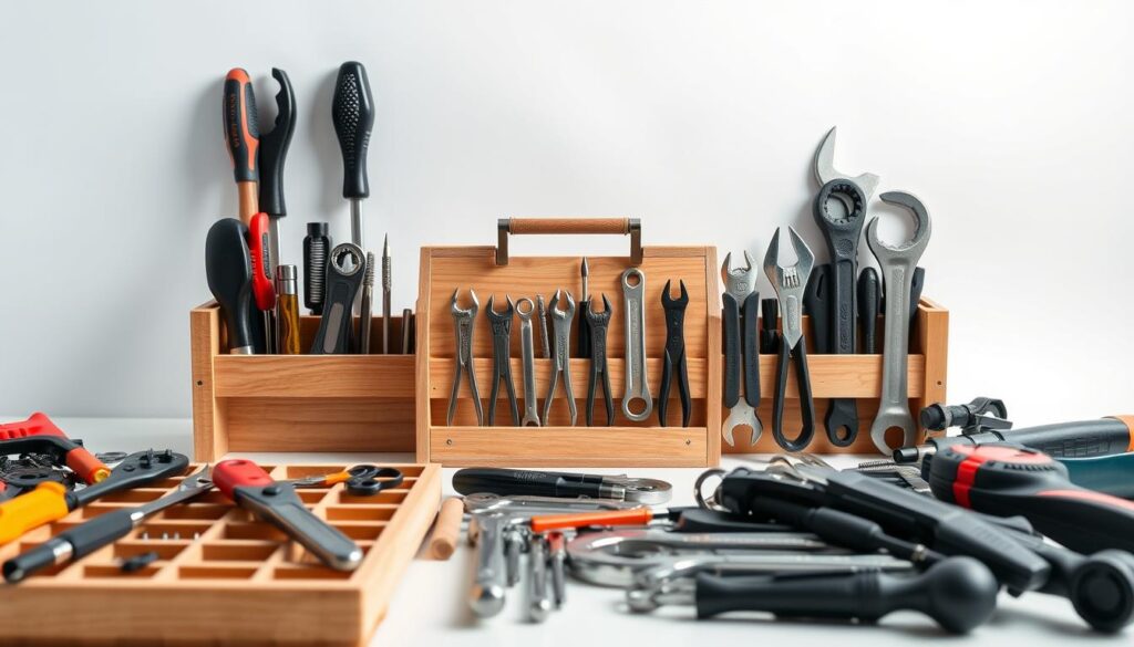 A well-organized and neatly arranged tool organizer set against a clean, bright background. In the foreground, the various tools - screwdrivers, pliers, wrenches - are meticulously placed in their designated compartments, creating a sense of order and efficiency. The middle ground features the main body of the organizer, with a sleek, minimalist design and a sturdy, wooden construction. In the background, a soft, diffused lighting illuminates the scene, casting a warm, inviting glow and highlighting the natural textures of the materials. The overall composition conveys a feeling of professionalism, attention to detail, and a well-thought-out process for the final assembly of this practical, portable tool organizer.