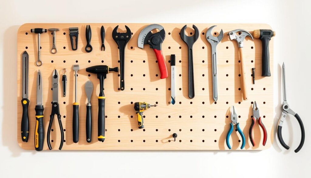 A well-organized, removable tool board displaying a variety of carpentry and DIY tools, arranged in a clean, minimalist style. The board is made of light-colored wood with evenly spaced slots and hooks, allowing for easy customization and rearrangement of the tools. The tools themselves are neatly presented, casting crisp shadows that create a sense of depth and dimensionality. The image is captured in a softly-lit, airy environment, with a plain background that allows the board and its contents to be the focal point. The overall impression is one of efficiency, organization, and a practical approach to tool storage and accessibility.