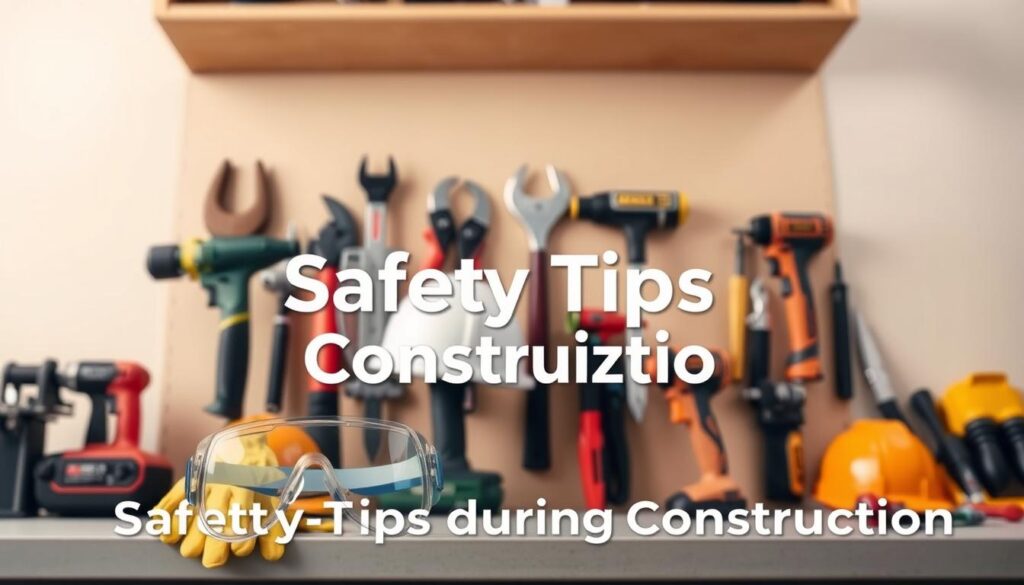 A well-organized tool board with various tools neatly arranged against a clean, bright background. In the foreground, a set of safety goggles, gloves, and a hard hat stand prominently, emphasizing the importance of personal protective equipment. The middle ground features different power tools and hand tools, their shapes and colors clearly visible. In the background, a neutral-toned wall or shelving unit provides a simple, uncluttered backdrop. Soft, diffused lighting illuminates the scene, creating a sense of order and professionalism. The overall composition conveys a message of safety-conscious tool organization, suitable for illustrating a "Safety Tips During Construction" section.