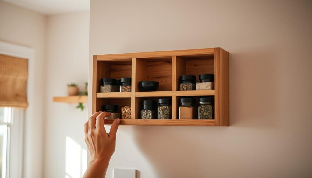 A wooden spice rack is being mounted on a light-colored wall in a cozy, well-lit kitchen. The rack features numerous compartments in a sleek, minimalist design, allowing for easy organization and access to an array of spices and herbs. The background is slightly blurred, drawing the viewer's attention to the focus of the image - the precise, careful installation of the spice rack. Soft, natural lighting filters in through a nearby window, casting a warm glow and emphasizing the rich, textured grain of the wood. The entire scene conveys a sense of practicality, order, and a passion for cooking and home organization.