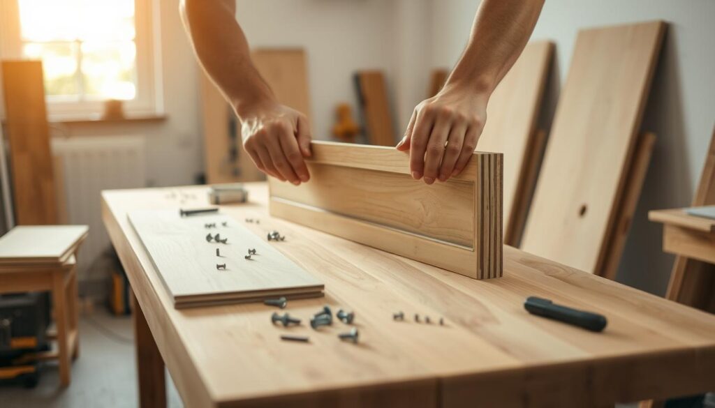 A wooden workbench in a well-lit, airy workshop. On the surface, an array of wood panels, screws, and tools are neatly arranged. A pair of skilled hands carefully aligns the panels, methodically assembling them into a cohesive structure. The warm glow of natural light filters through the windows, casting a soft, inviting ambiance. The camera captures the process from a slightly elevated, frontal angle, allowing the viewer to observe the deliberate, measured movements of the assembly. The final image conveys a sense of craftsmanship, focus, and the satisfying process of creating a functional, decorative wood panel.
