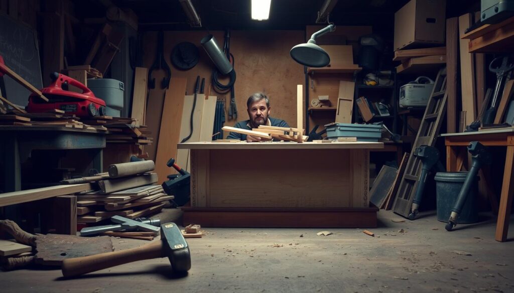 A workshop cluttered with half-finished projects, tools strewn across the floor, and a look of exasperation on the DIYer's face. Uneven cuts, crooked joints, and a pile of discarded attempts litter the scene. Dim lighting casts unsettling shadows, heightening the sense of frustration. In the foreground, a toppled stack of boards and a broken hammer symbolize the common pitfalls of home improvement - lack of planning, impatience, and inexperience. The overall atmosphere conveys the message: learn from these mistakes to create a successful, hidden-hinge storage bench.