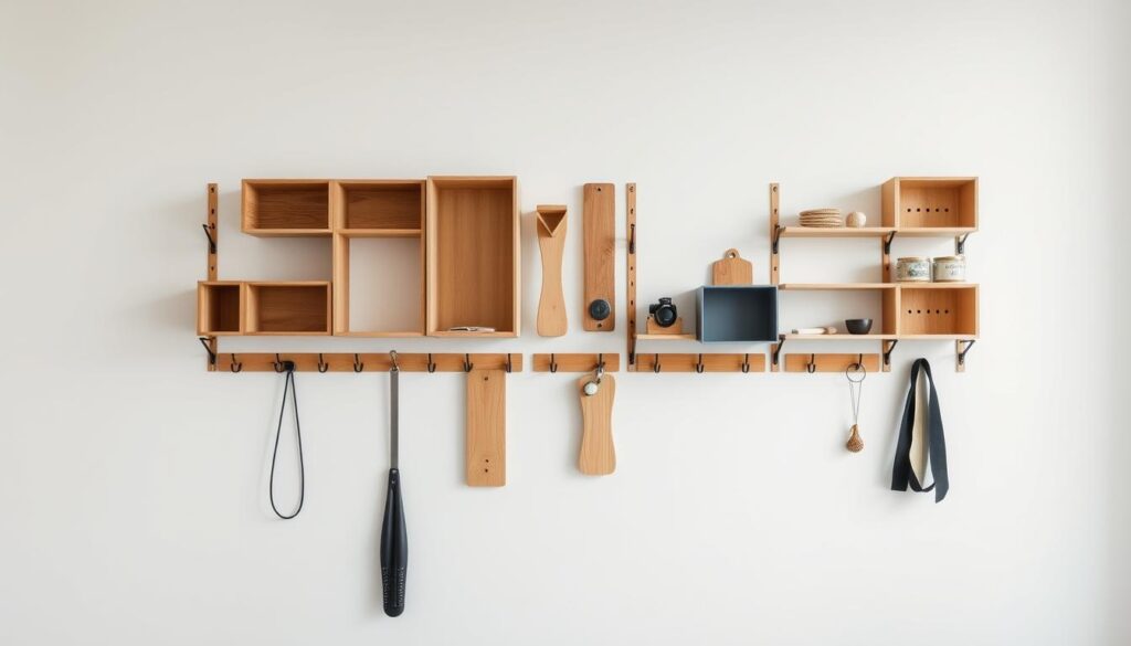 A workshop-inspired DIY wall organizer system with various modular compartments, hooks, and shelves made of wood, metal, and natural materials. The organizer is positioned on a plain white wall, evenly lit from above with soft, diffused lighting that casts gentle shadows, creating a sense of depth and dimension. The organizer appears functional yet visually appealing, with a minimalist, Scandinavian-inspired aesthetic that would complement a variety of interior design styles. The overall mood is one of simplicity, organization, and practical creativity.